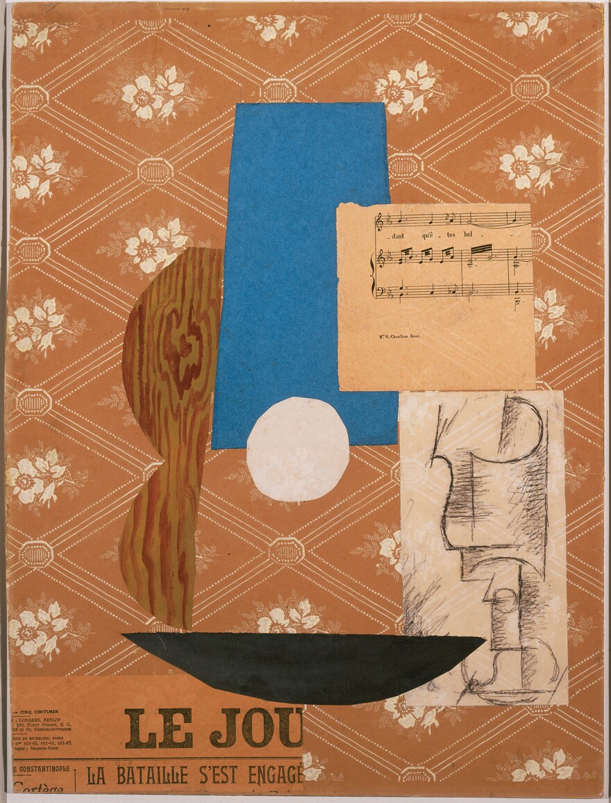 In his 1912 collage <em>Guitar, Sheet Music, and Glass,</em> Pablo Picasso included a fragment of the French paper <em>Le Journal</em><em>.</em>