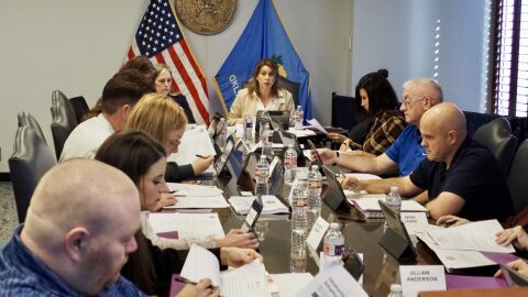 State Textbook Committee chairperson Sharon Morgan, center, speaks during a committee meeting Friday at the Oklahoma State Department of Education in Oklahoma City.