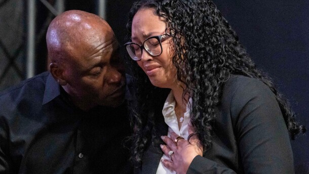 Christine and Elmore Wonsley, parents of Nolan Xavier Wells, react during a news conference at National Action Network headquarters, Friday, July 10, 2026, in New York. (AP Photo/Yuki Iwamura)