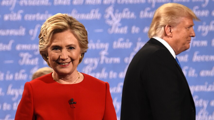 Hillary Clinton leaves the stage after the first presidential debate at Hofstra University in Hempstead, N.Y., on Sept. 26, 2016.
