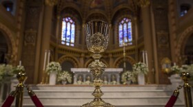 An ancient chalice that will be used during a public mass by Pope Francis is displayed at Assumption Cathedral in Bangkok, Thailand, Thursday, Nov. 14, 2019. Pope Francis was scheduled to visit Thailand Nov. 20-23. (AP Photo/Gemunu Amarasinghe)