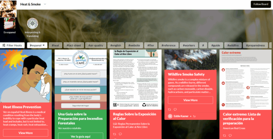 Tablero virtual de recursos, en inglés y español, sobre incendios forestales (Crédito: Captura de pantalla Heat & Smoke Hootboard).