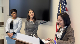 Delegate Briana Sewell, Senator Jennifer Boysko and business owner Shirley Modlin speak in favor of paid family medical leave. (Courtesy - Brad Kutner, Radio IQ)