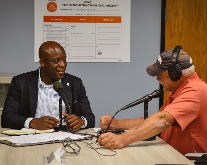 Colorado Springs Mayor Yemi Mobolade (left) with correspondent Tom Wilmer
