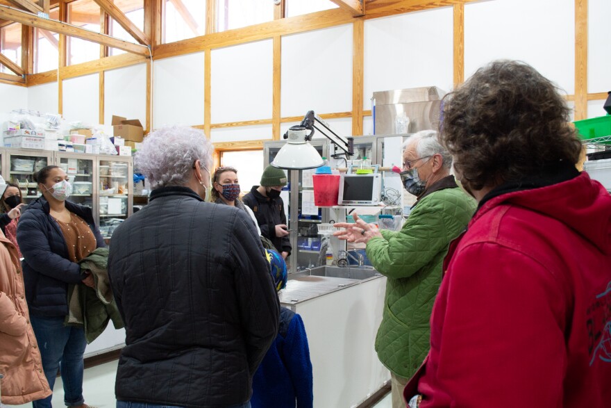 Clark, in green, leads a tour of the hospital for UVa Health nurses in 2022. The nurses had relied on the center's 'critter cams' for morale during the pandemic.