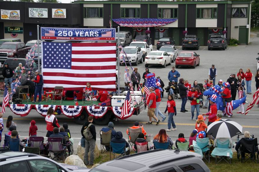 A float representing Epperheimer, Inc., who were awarded best business in the Independence Day parade, proceeds down North Willow Street in Kenai, Alaska, on July 4, 2026.