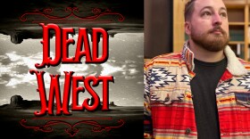 On the left are the words "Dead West" in large red font. On the right is the image of a man wearing a striped jacked and looking up to the right.