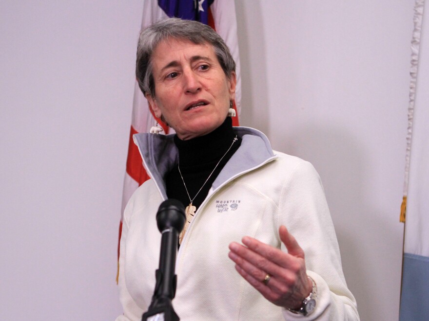 Interior Secretary Sally Jewell speaks in Anchorage, Alaska. The Obama administration is requiring companies that drill for oil and natural gas on federal lands to disclose chemicals used in hydraulic fracturing operations.