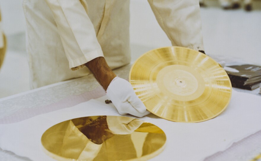 When Voyager 1 and its identical sister craft Voyager 2 launched in 1977, each carried a gold record titled T<em>he Sounds Of Earth</em> that contained a selection of recordings of life and culture on Earth. The cover contains instructions for any extraterrestrial being wishing to play the record.