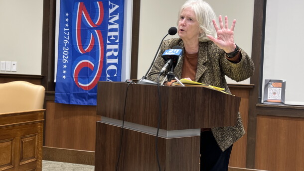 Rosemary Shields, of the League of Women Voters of the Cape Cod Area, questions a Holtec representative about the possibility that the company could go to federal court seeking to discharge wastewater into Cape Cod Bay. Sept. 28, 2026.