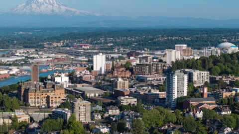 Aerial photo of Tacoma, Washington from June 2025.