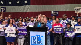 Michigan democratic gubernatorial candidate Jocelyn Benson speaking at the state Democratic convention on August 29, 2026.