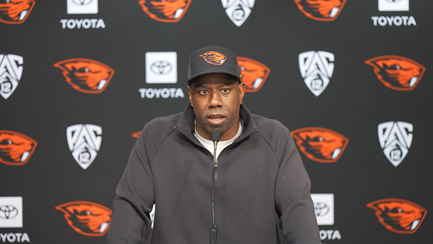 Oregon State football head coach JaMarcus Shephard addresses the media on Oct. 26, 2026. The Beavers enter Week 9 at 3-0 in Pac-12 play.