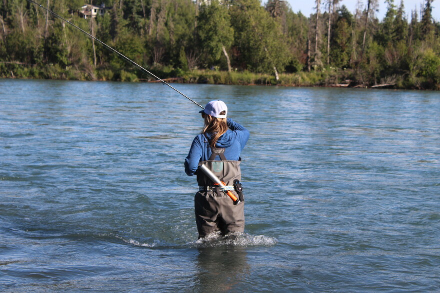 Kenai River Sportfishing Association Executive Director Shannon Martin fishes in the Kenai River on Wednesday, July 29, 2026 in Soldotna, Alaska.
