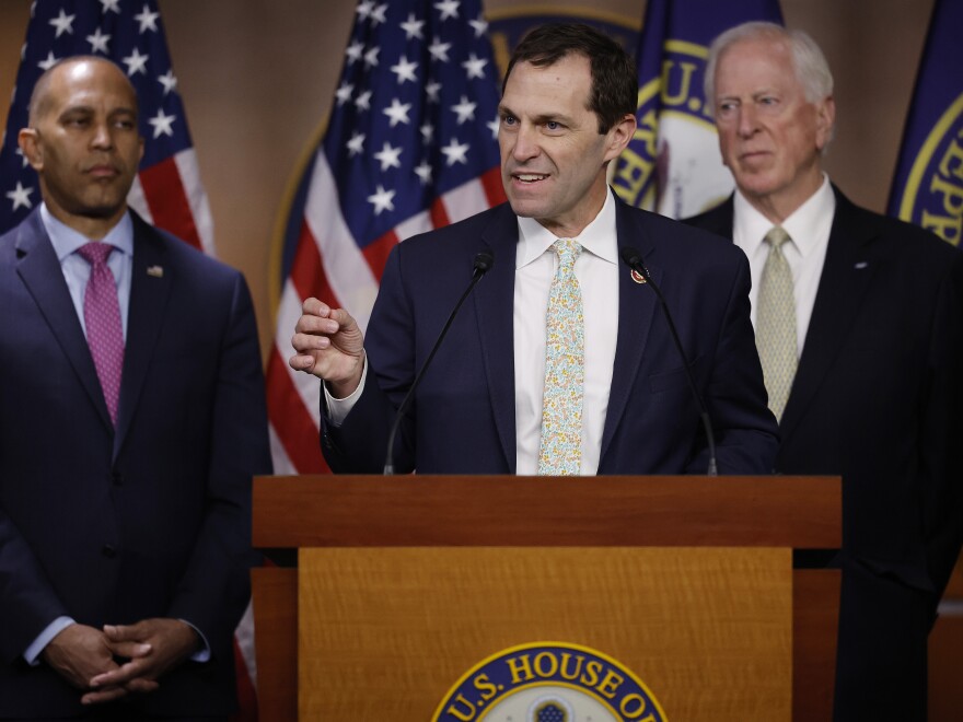 Army veteran Rep. Jason Crow, D-Colo., speaks at a May 23, 2023 event. Crow says U.S. spending on Ukraine is a "good bargain" because of the impact Ukraine has had on Russia's military.