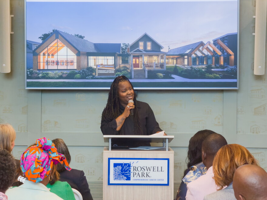 Mercedes Wilson speaks before a crowd at Roswell Park Comprehensive Cancer Center's Broadview Community Outreach and Engagement Center in downtown Buffalo on September 9, 2026.