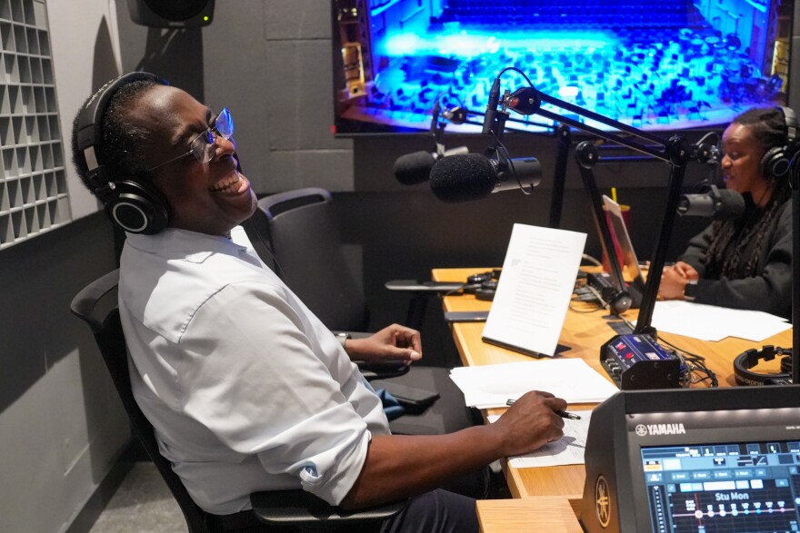 SLSO announcers Rod Milam and Lauren Eldridge Stewart rehearse before a concert performance at Powell Hall at the Jack C. Taylor Music Center on November 7.
