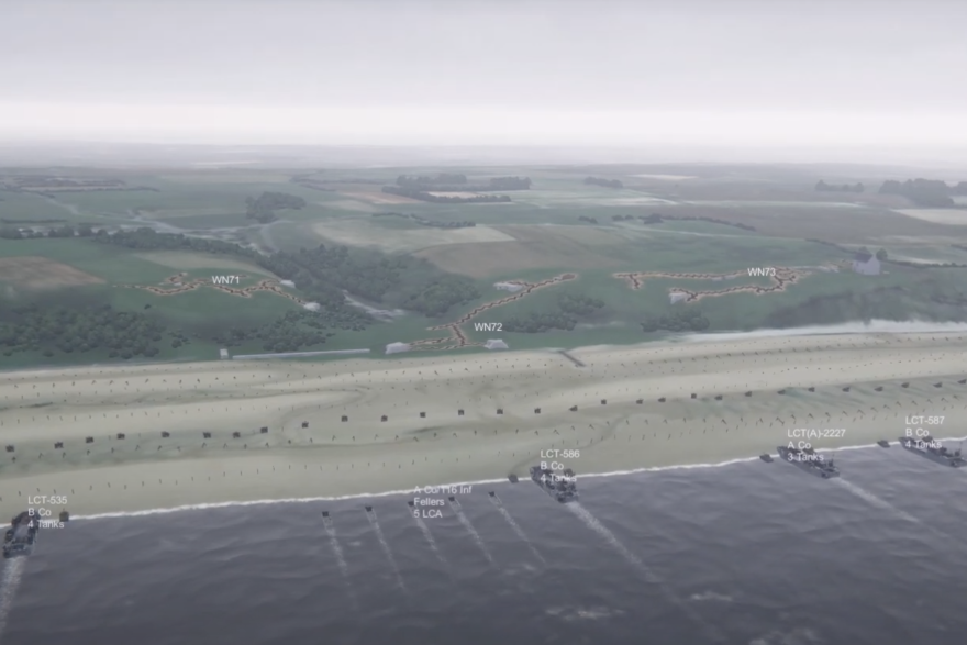Allied troops land on Normandy Beach in a screen capture from a battlefield simulation developed at Purdue University.