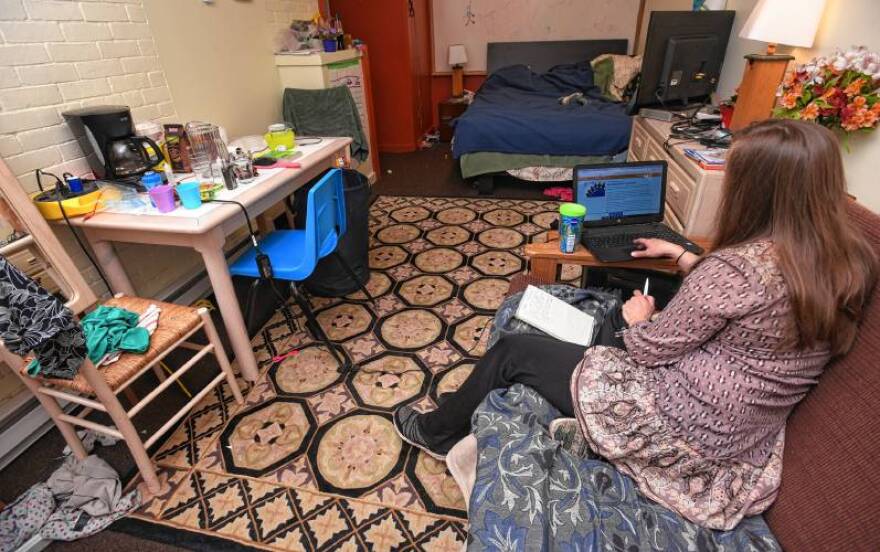 Irida Kakhtiranova in her room where she lives at the Unitarian Society of Northampton and Florence. She is a Russian immigrant facing deportation and was given sanctuary at the church in April.