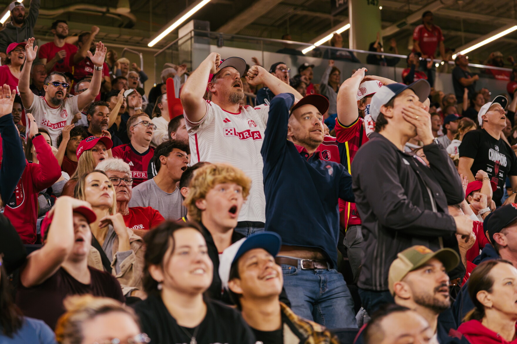 St. Louis City SC supporters react to a play during a match against the Portland Timbers on Wednesday, Oct. 28, 2026, at Energizer Park in St. Louis’ Downtown West neighborhood.