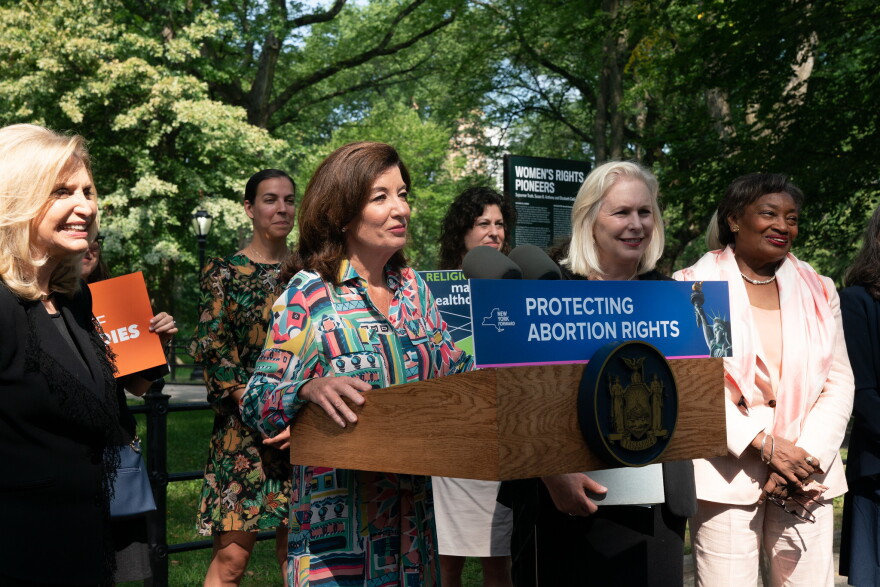  Governor Kathy Hochul, joined by Senator Gillibrand, elected leaders, and advocates, makes an announcement on New York's response to Texas abortion ban.