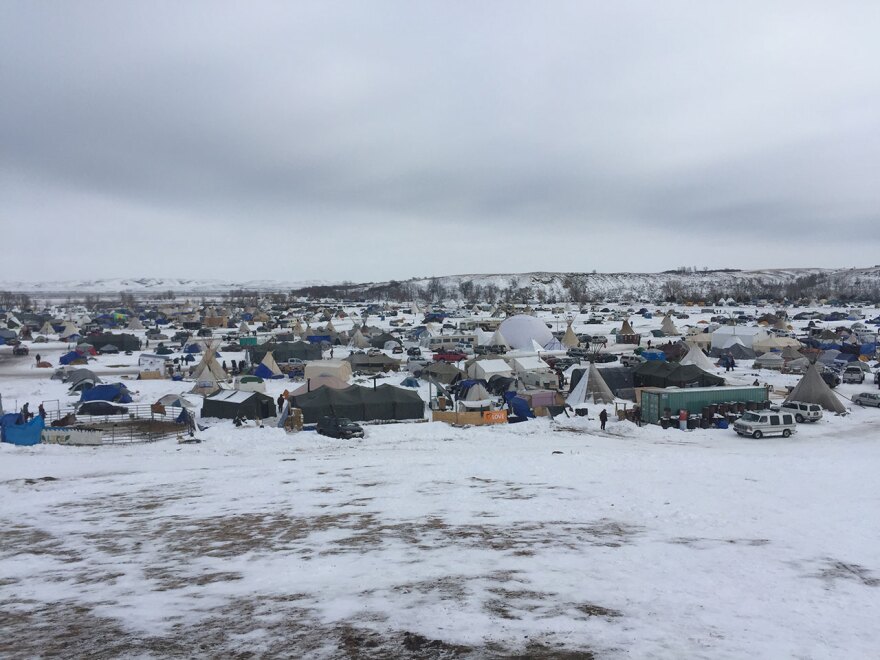 Oceti Sakowin camp, as seen from "Media Hill," where MTPR's Nicky Ouelette spoke to News Director Eric Whitney earlier today.