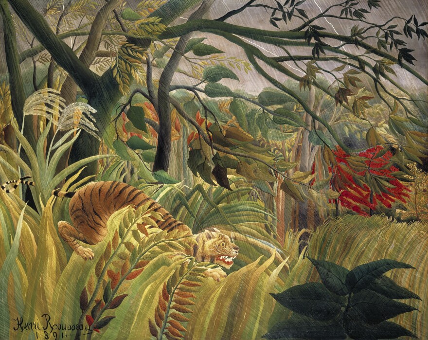 Henri Rousseau's Tiger in a Tropical Storm (1891) famous painting. Original from Wikimedia Commons. Digitally enhanced by rawpixel.