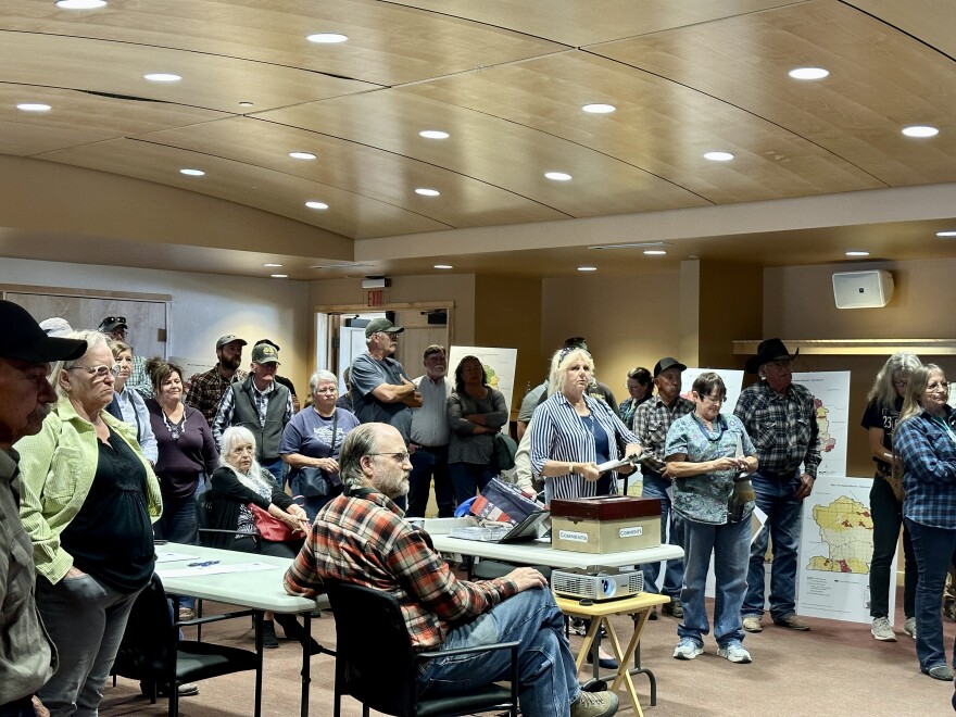 A roomful of people unhappily watch a presentation.