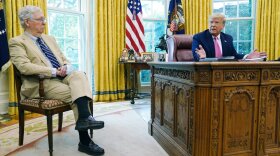 President Donald Trump meets with Senate Majority Leader Mitch McConnell, shown left, and House Minority Leader Kevin McCarthy, not shown, in the Oval Office at the White House, Monday, July 20, 2020, in Washington. (AP Photo/Evan Vucci)