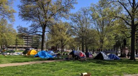 Homeless tent encampments have popped up downtown St. Louis. This photo was taken across from the Stifel Theatre on April 10.
