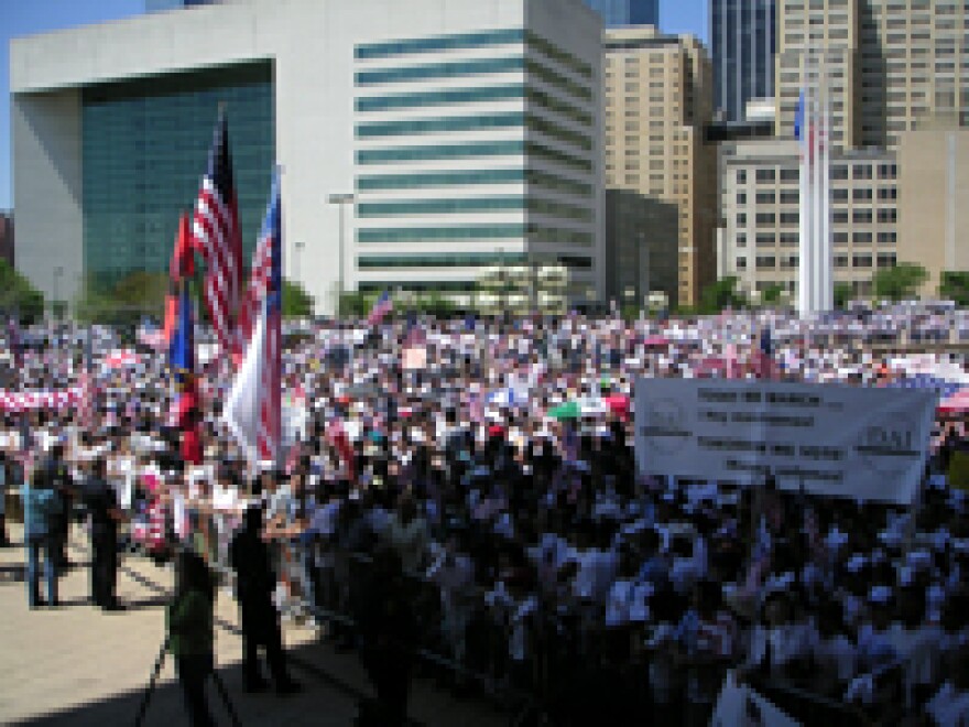 The crowd at Dallas City Hall plaza for Sunday's mega march on immigration.