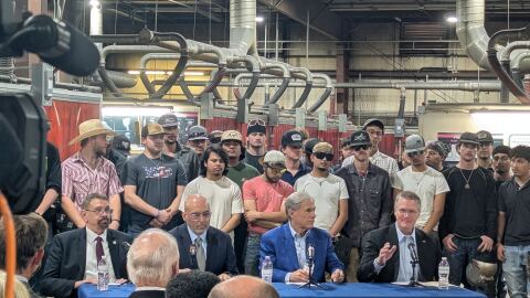 Gov. Abbott toured the Automotive Technology and Welding Facility on the South Plains College campus in Levelland. (seated left to right) Robert Mele, Teamsters 988 president and Texas Jobs Council member; Ray Martinez, President and CEO of Texas Association of Community Colleges; Gov. Greg Abbott; Robin Satterwhite, President of South Plains College. April 14, 2026.