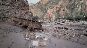 A footbridge rests downstream of Phantom Ranch after severe flooding destroyed infrastructure in Grand Canyon National Park on Aug. 29, 2026.