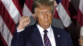 Republican presidential hopeful and former President Donald Trump holds up his fist during an Election Night Party in Nashua, New Hampshire, on Jan. 23, 2024. (Timothy A. Clary/AFP via Getty Images)
