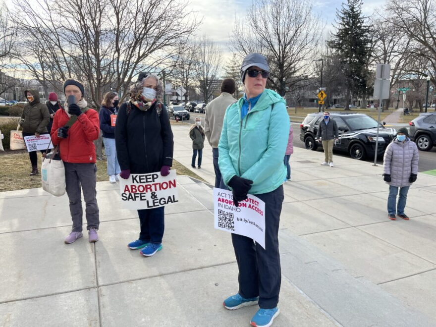 Protesters demonstrate on Feb. 28, 2022, at the Idaho Capitol Building during rally held by several abortion rights activists, including Planned Parenthood of Greater Washington and North Idaho and Legal Voice. (Kelcie Moseley-Morris/Idaho Capital Sun)