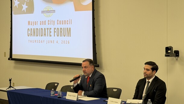 Yuma Mayor Doug Nicholls and challenger Carlos Adams at the mayor and city council candidate forum co-moderated by KAWC and the Yuma Sun on Thursday, June 4, 2026 at the Onvida Health administration center.