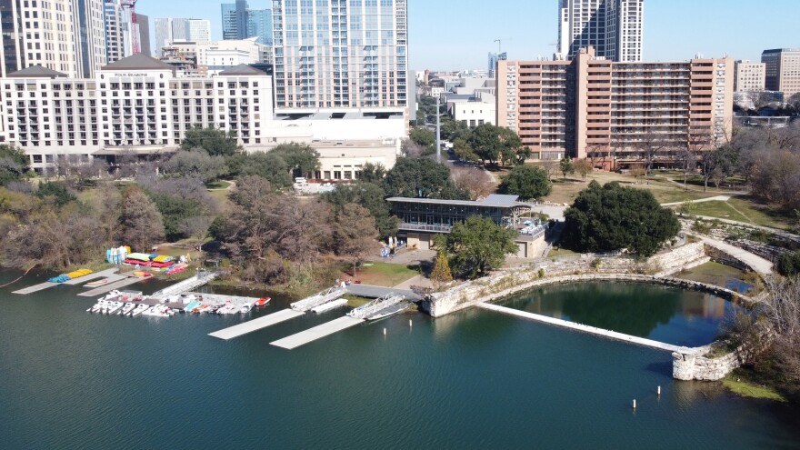 An aerial view of the Waller Creek Boathouse at 74 Trinity St.