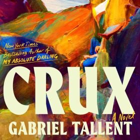 The cover of "Crux" features textured orange that evokes red rock, with what looks like a person nestled between the rocks. 