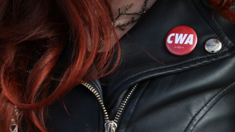A sex worker, who goes by the name Jupiter Jetson, wears a Communications Workers of America, the union representing the workers at Sheri's Ranch, a brothel, in Pahrump, Nev. on Thursday, Feb. 12, 2026. (AP Photo/Ian Maule)