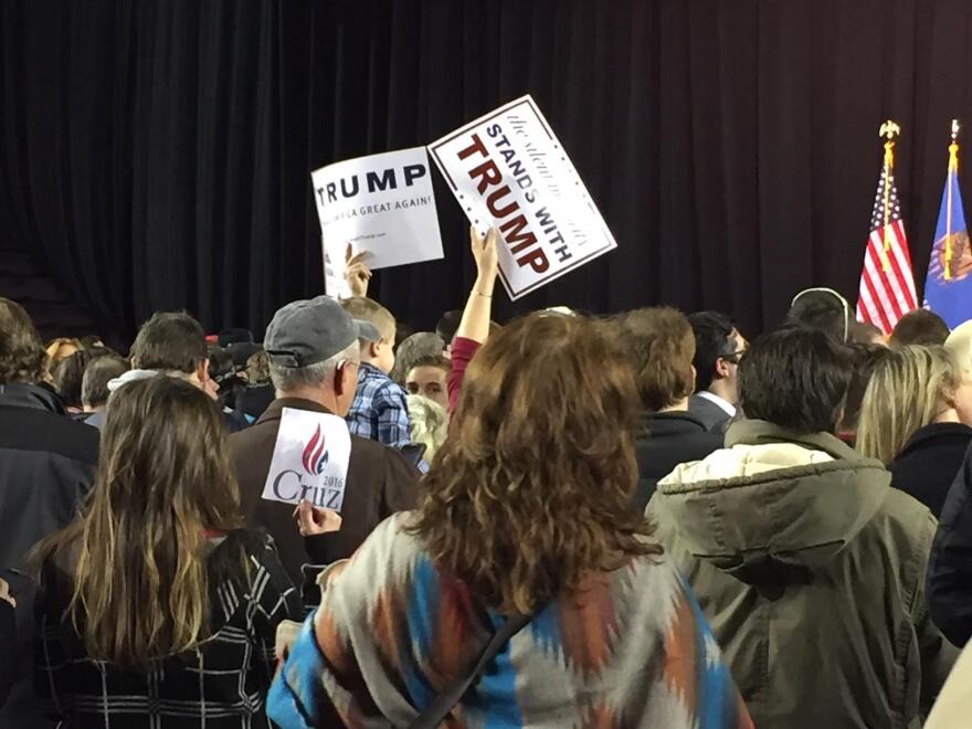 Supporters of Donald Trump (and other candidates) gather at Oral Roberts University's Mabee Center Wednesday for a campaign rally.