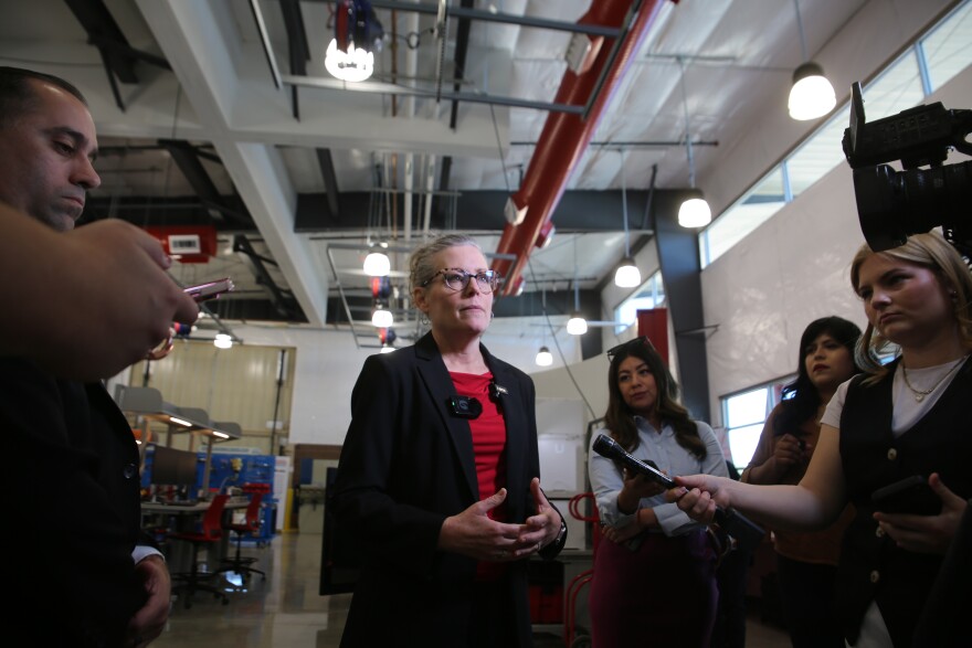 Governor Katie Hobbs holds a press gaggle following a ribbon-cutting ceremony for Arizona Western Entrepreneurial College's opening of the Future48 Workforce Accelerator in Wellton on May 6, 2026.