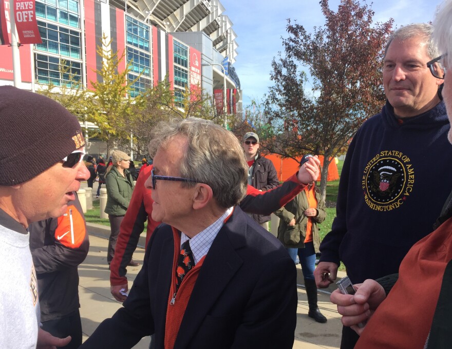 Mike DeWine greeted potential voters outside of FirstEnergy stadium on Sunday, and was joined for part of the time by former Browns quarterback, Bernie Kosar.