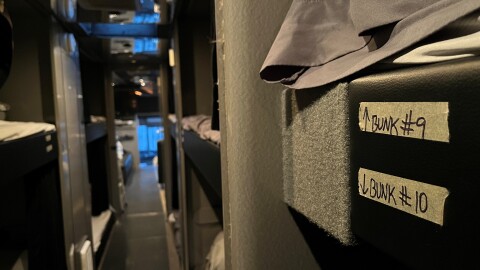 Bunk beds inside a coach bus that the Hundred Nights shelter in Keene has converted into an overflow winter shelter.