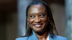 Laphonza Butler, D-Calif., smiles during a re-enactment of her swearing-in ceremony to the Senate to succeed the late Sen. Dianne Feinstein, Oct. 3, 2023, on Capitol Hill in Washington.
