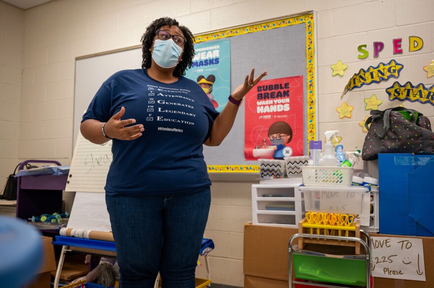 Hartford school resource teacher Victoria Shears gets ready for the new year at S.A.N.D Elementary School.