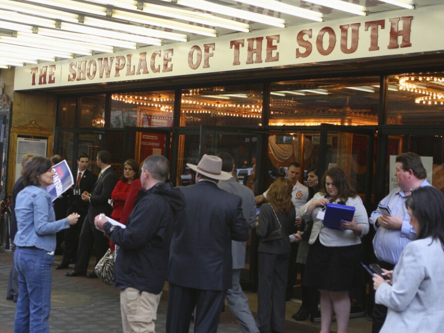 Supporters and volunteers of the Alabama Republican Party gather outside before a forum at the Alabama Theater in Birmingham, Ala., on March 12.