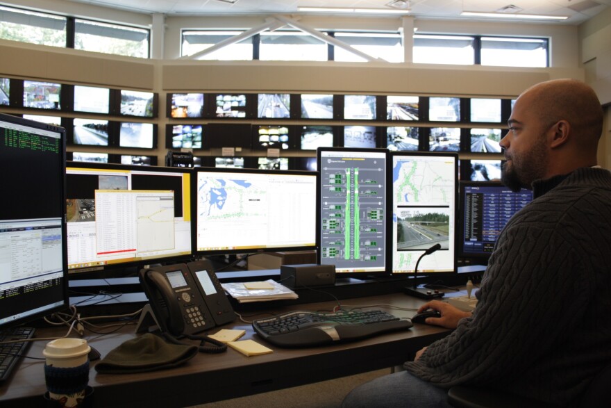 Timothy McCall works in WSDOT's new $17.3 million Northwest Region Transportation Management Center in Shoreline.