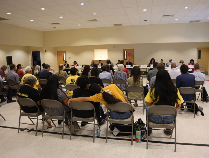 New Mexicans, many of them uranium mining opponents, observe a Radioactive and Hazardous Materials Committee meeting in a Laguna Pueblo community center on Sept. 11, 2026.