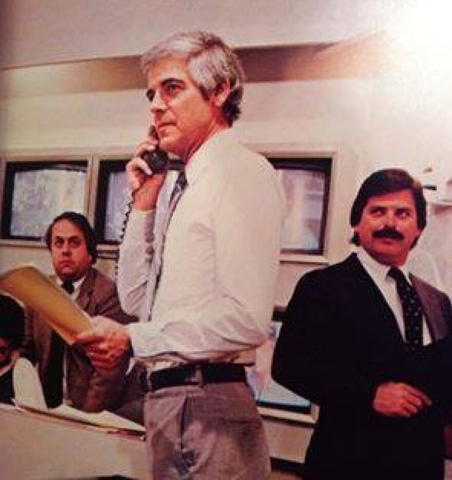 Ira Joe Fisher, left, and Dennis Janson with Nick Clooney in the WKRC-TV newsroom in the early 1980s.