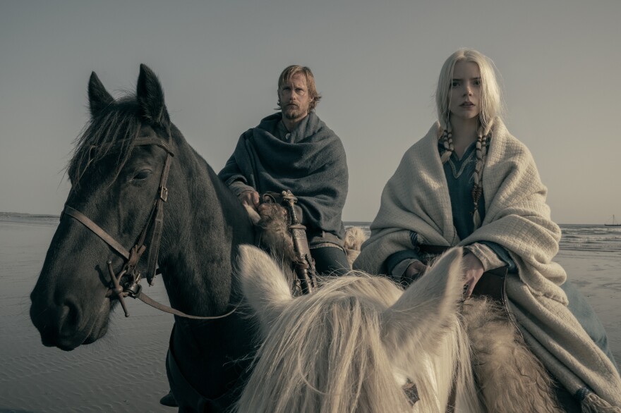 Alexander SkarsgÃ¥rd stars as Amleth and Anya Taylor-Joy as Olga in director Robert Eggers' Viking epic <em>The Northman</em>.